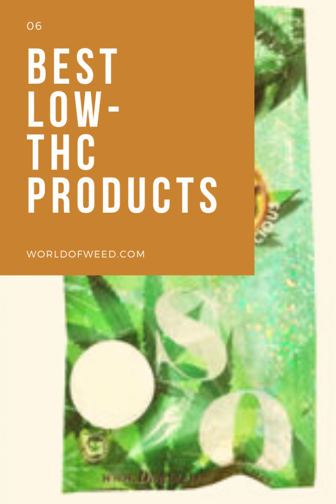 Text reading 6 Best Low-THC Products , background is image of a product in a green package
